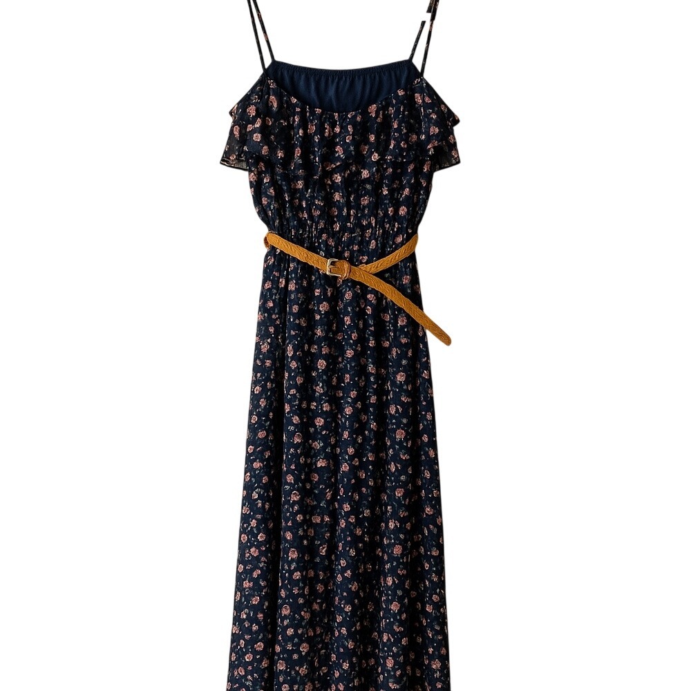 Rue21 Floral Maxi Dress Navy Pink‎ Purple Small w/ Tan Belt Boho Summer Spring